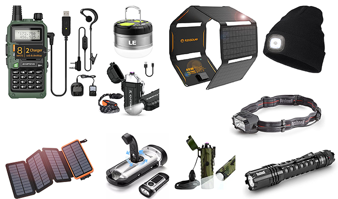 Rechargeable flashlights, lighters, radios, solar chargers