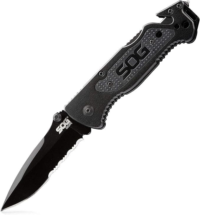 SOG Escape Tactical Folding Knife- 3.4 Inch Serrated Edge Blade Emergency Pocket Knife with Glass Breaker, Wire Stripper and Line Cutter Blades-Black (FF25-CP)