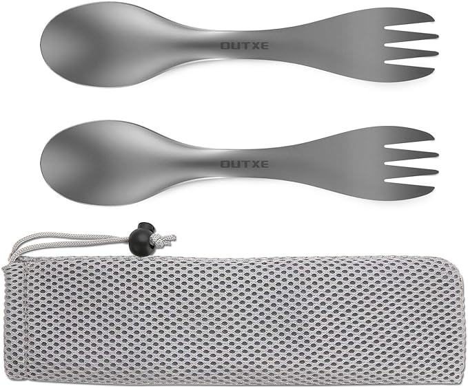 OUTXE Titanium 2 in 1 Fork and Spoon Combo 2-Pack Ultra Lightweight Camping Utensil, Eco-Friendly Spork