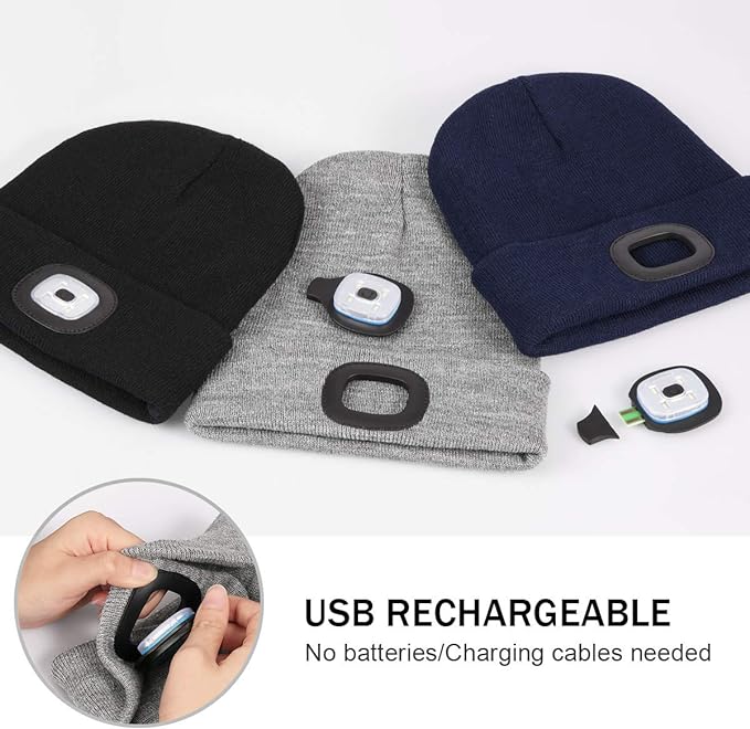 LED Beanie with Light, Unisex USB Rechargeable Hands Free 4 LED Headlamp Cap