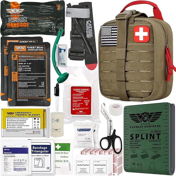 EVERLIT Advanced Emergency Trauma Kit, CAT GEN-7 Tourniquet Mil-Spec Nylon Laser Cut Pouch with 36" Splint, Military Combat Tactical IFAK for First Aid Response Bleeding Control