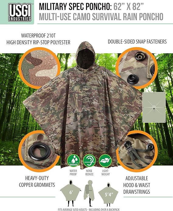 USGI Industries Military Style Poncho Multi Use Rip Stop Camouflage Rain Poncho