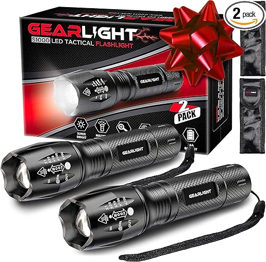 GearLight LED Flashlight 2pack Bright, Zoomable Tactical Flashlights with High Lumens and 5 Modes for Emergency and Outdoor Use, Camping