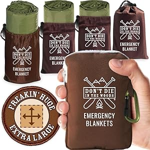 Don't Die In The Woods - Freakin’ Huge Emergency Blankets [4-Pack] Extra-Large Thermal Mylar Space Blankets with Ripstop Nylon Stuff Sacks + Carabiner Zipper Pack